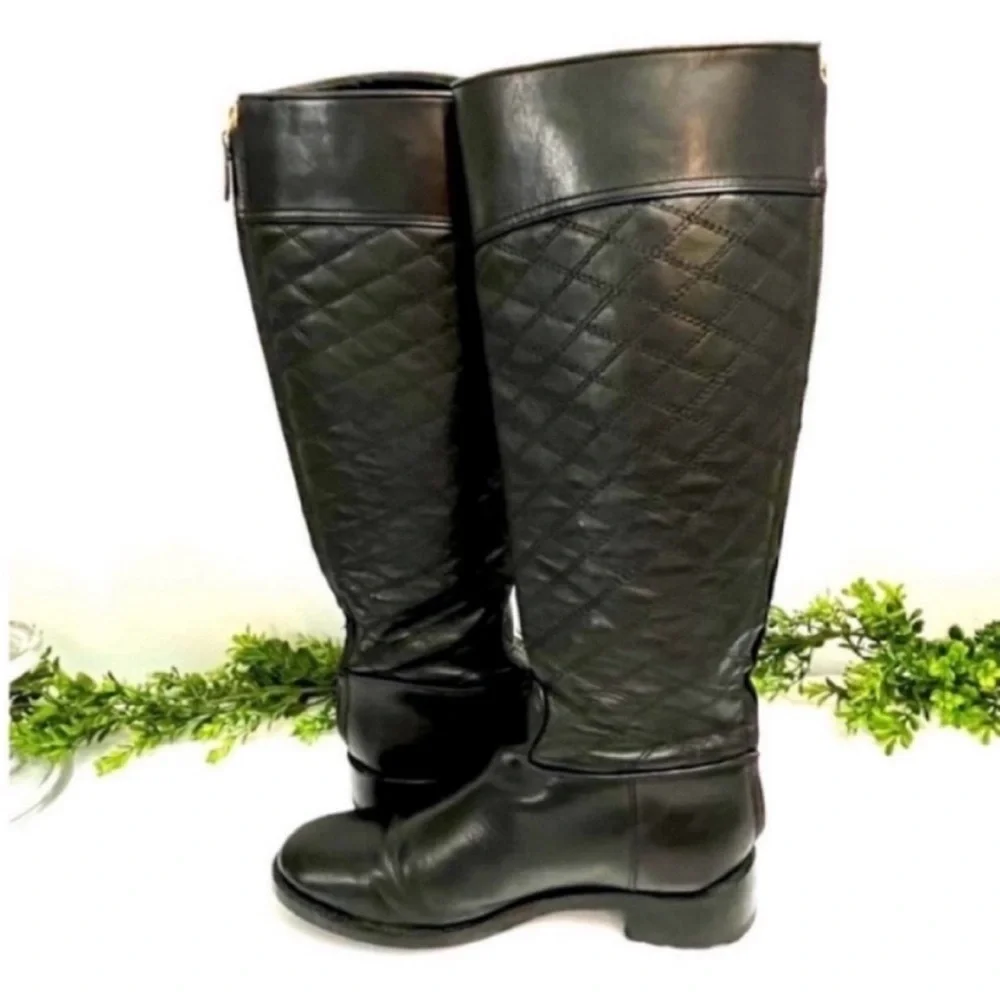 Tory Burch Claremont Black Quilted Leather Riding Boots Size 8